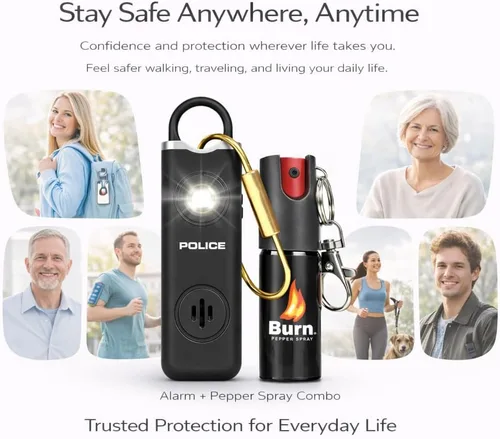 Miniatura 8 de Alarma de seguridad personal de policía y BURN Pepper Spray Combo de autodefensa para mujeres y hombres – Sirena fuerte de 135 db con gas pimienta