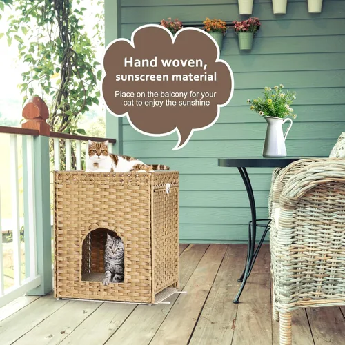 Miniatura 2 de Caja de arena para gatos con alfombrilla de arena suave; muebles ocultos de baño para gatos con puerta; casa de gato de ratán tejida a mano; jaula