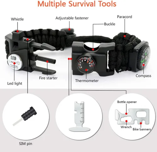 Miniatura 2 de Brazalete de paracord de supervivencia 20 en 1, kit de equipo ajustable con luz LED SOS, arrancador de fuego, brújula más grande, silbato de Negro