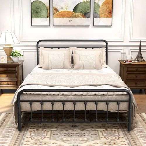 Miniatura 12 de DUMEE Base de cama de metal tamaño matrimonial con cabecera y estribo vintage, almacenamiento debajo de la cama, no necesita somier