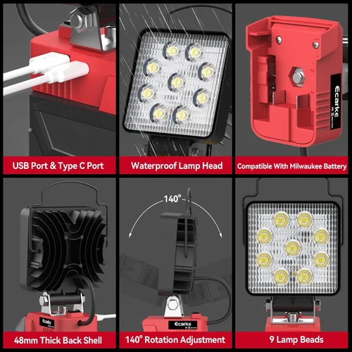 Miniatura 3 de Ecarke Luz de Trabajo LED Compatible con Milwaukee, Ecarke 54W 5400LM Luces de Trabajo LED Inalámbricas de Inundación, Compatible con Batería