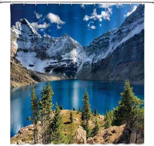 Cortina de ducha escénica de montaña, naturaleza, montaña, lago, cielo azul, nube, paisaje, simple, tela para el hogar, juego de decoración de baño,