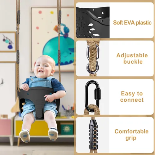 Miniatura 2 de Dolibest Asiento de columpio para niños pequeños con respaldo alto y respaldo alto, columpio de cubo para niños pequeños con mosquetones de bloqueo