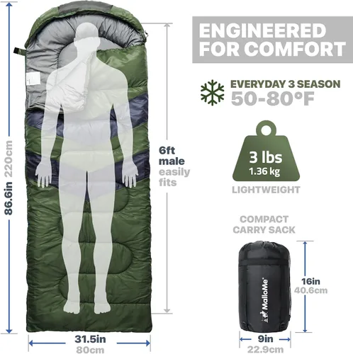 Miniatura 3 de MalloMe Sacos de dormir para adultos para clima frío y cálido, saco de dormir para mochileros para niños de 10 a 12 años, niñas, niños, ligeros