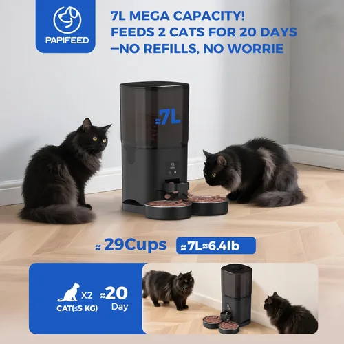 Miniatura 4 de PAPIFEED Comedero Automático para Gatos de 7L para 2 Gatos - Alimentador Automático Temporizado 2.4G WiFi con Control por APP, Dispensador de Comida