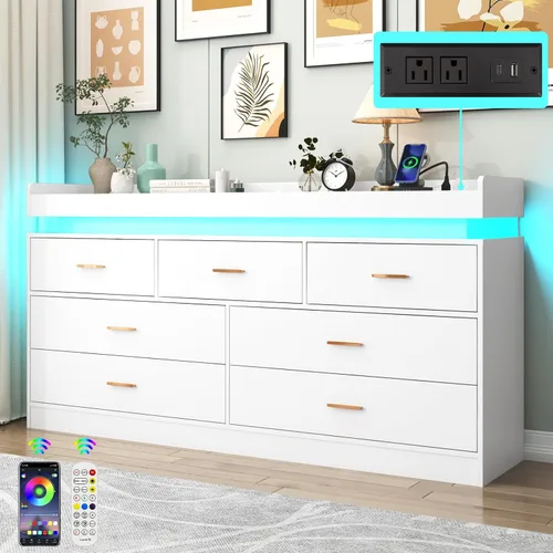 Miniatura 19 de Hlivelood Cómoda de 8 cajones con luz LED y estación de carga, cómoda moderna para armario, armario organizador de cajones anchos para dormitorio