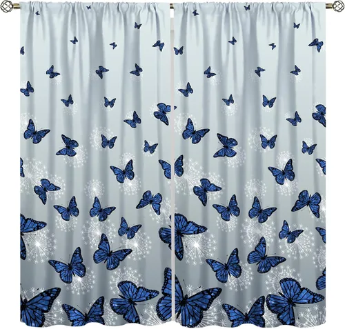 Cortinas de mariposa, mariposa azul, diente de león blanco, románticas, para niñas y mujeres, insonorizadas, aisladas, con bolsillo para barra,