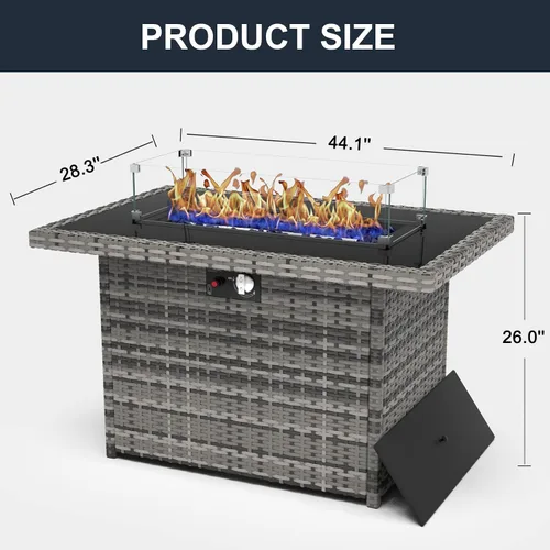 Miniatura 7 de Mesa para fogón de gas propano de 44 pulgadas para patio exterior, fogón rectangular al aire libre de mimbre de ratán de 60000 BTU con protector
