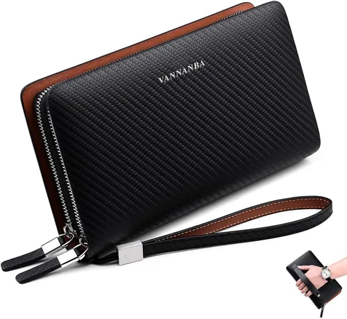 VANNANBA Carteras de mano con doble cremallera de cuero grande cartera larga de negocios cartera de mano para teléfono regalo para padre hijo marido