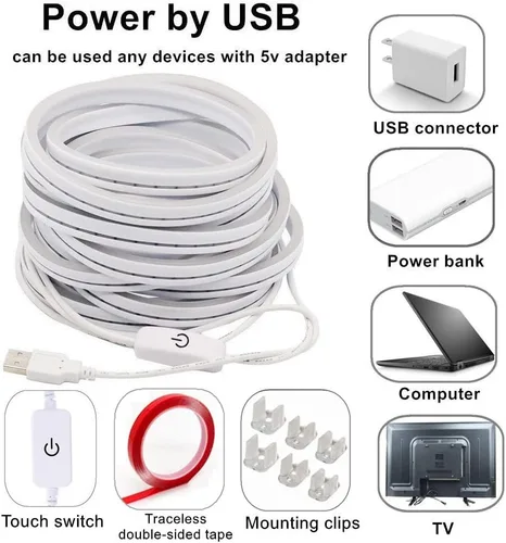Miniatura 5 de M.best Tira de luces LED USB de 6.56 pies, impermeable, flexible, luces de cinta de neón con interruptor para dormitorio interior y exterior