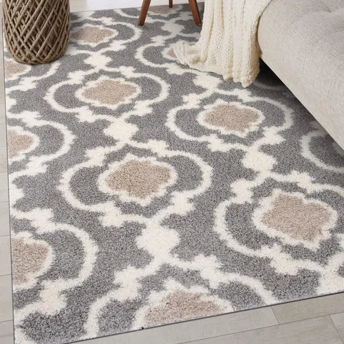 Miniatura 13 de Alfombra de área peluda para interior, cómoda, estilo entretejido marroquí, Polipropileno, Gris/Crema