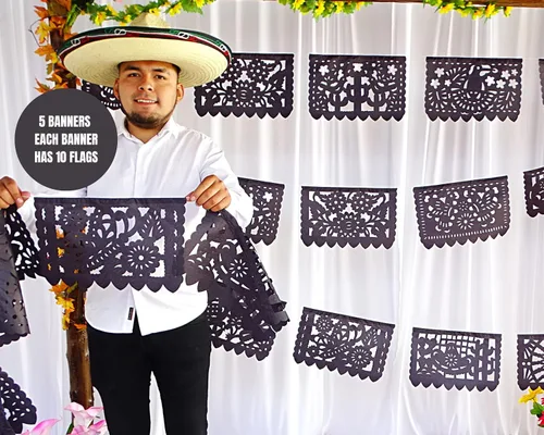 Miniatura 5 de Pancartas de papel picado negras, decoraciones de fiesta, pancarta de fiesta mexicana, banderines, guirnaldas, serpentinas para bodas, quinceañeras