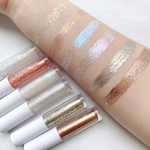 Miniatura 4 de Juego de maquillaje de lentejuelas líquidas en gel holográfico y delineador de ojos plateado, 2 piezas, resaltador líquido brillante, resistente al