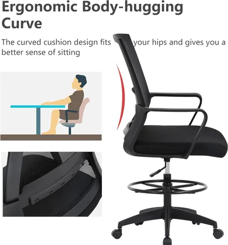 Miniatura 7 de BestOffice Silla de dibujo alta silla de oficina ajustable giratoria de malla con soporte lumbar, brazos reposapiés, respaldo medio para adultos