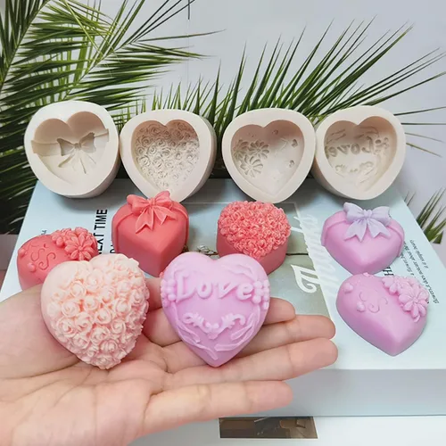 Paquete de 4 moldes de silicona en forma de corazón de resina con flores de rosa para vela, pastel, jabón, caramelo - Forma redonda XQ-Heart-4-Pack