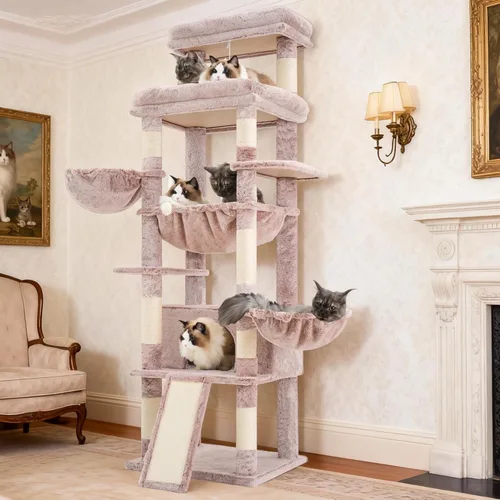 Miniatura 13 de Hey-brother Torre de árbol para gatos, postes rascadores con plataforma y cesta extra grande, condominio especial, 2 hamacas acogedoras, tabla