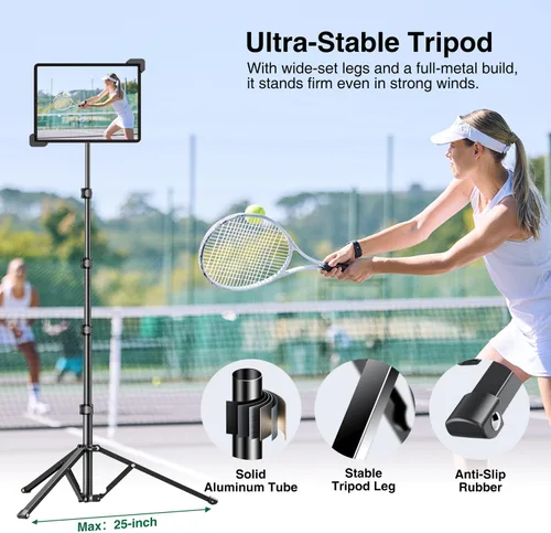 Miniatura 7 de elitehood Trípode de aluminio resistente para tableta, soporte de trípode ajustable para iPad con inclinación giratoria de 360 grados, soporte