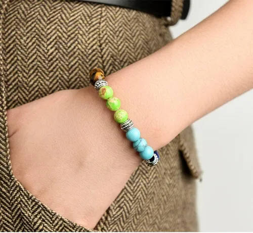 Miniatura 5 de Pulsera de cuentas de siete chakras de moda natural aleación melocotón corazón cadena ágata cristal Strand