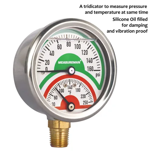 Miniatura 2 de MEASUREMAN Tridicator, Termomanómetro, 2-1/2 Pulgadas, Llenado de Aceite de Silicona, 0-160 psi/30-250 °F, Caja de Acero Inoxidable, Manómetro