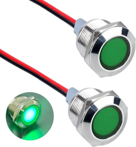 Miniatura 20 de 2 piezas de 16 mm (5/8") luz indicadora LED, 12-24V AC/DC 20mA, lámpara piloto de metal impermeable IP67 de ahorro de energía, lámpara plana de Verde