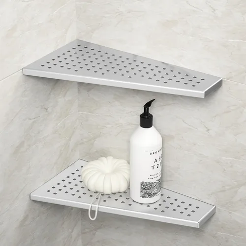 Miniatura 8 de Estante esquinero para ducha, color negro mate de 12 pulgadas con lechada trapezoidal en estante para champú, diseño de rejilla de acero inoxidable