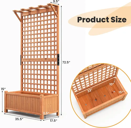 Miniatura 3 de Giantex Cama de jardín elevada con enrejado, contenedor de madera de 60 pulgadas con agujeros de drenaje, enrejado alto para colgar macetas