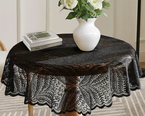 Miniatura 12 de Warm Home Designs Mantel de encaje dorado de lino, mantel redondo pequeño de 48 pulgadas de diámetro. Mantel floral, superposición rústica o mantel