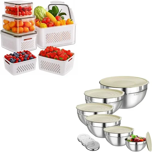 Paquete de 4 recipientes de almacenamiento de frutas para refrigerador con coladores extraíbles y 6 cuencos de acero inoxidable con 3 accesorios