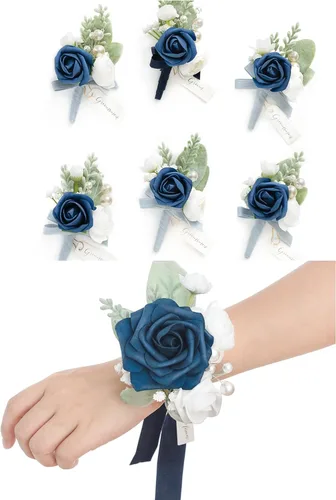 Ling's Moment Paquetes de flores de boda prearreglados en azul polvoriento y azul marino, paquete de boutonnieres y ramilletes de muñeca (juego de