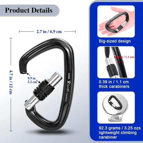 Miniatura 7 de UIAA Certified 25kN-42kN Climbing Carabiners - Favofit Heavy Duty Locking Carabiner Clips with Twist or Screw Lock - Professional Rock Climbing Gear
