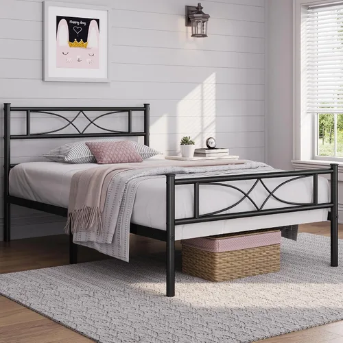 Miniatura 3 de Yaheetech Estructura de Cama Tamaño Twin Plataforma de Metal con Cabecero de Diseño Curvo Piecero/No Necesita Somier/Base de Colchón/Soporte Negro