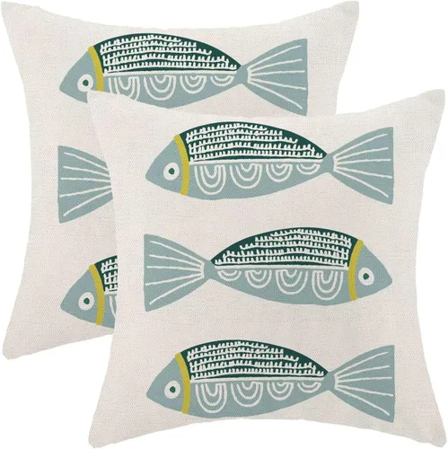 Miniatura 8 de AEIOAE Fundas de Almohada Costeras de 16 x 16 Pulgadas Juego de 2, Fundas Decorativas de Lino con Estampado de Peces Azules de Playa Oceánica