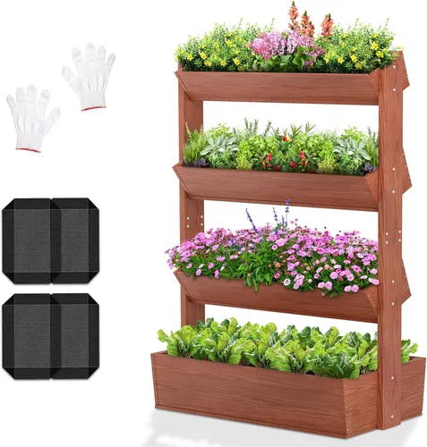 Miniatura 9 de DoCred Cama de jardín vertical elevada de madera, 4 niveles mejorados, soporte de madera independiente para plantas, hierbas, flores, verduras