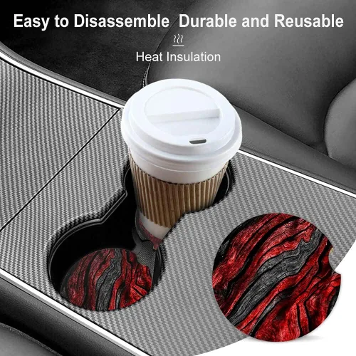 Miniatura 4 de Portavasos de cerámica de grano de madera negra y roja para mujeres/hombres, portavasos absorbentes para automóvil con muesca de dedo de 2.56