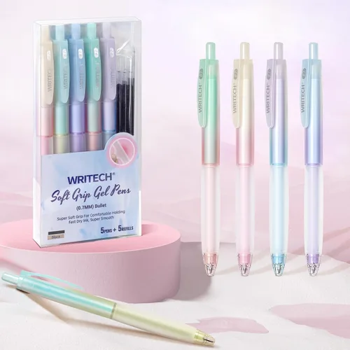 Miniatura 5 de WRITECH Bolígrafos de gel retráctiles: punta fina de 0.7 mm, tinta negra, color gradiente estético, cañón de agarre suave, punta mediana, juego de 5