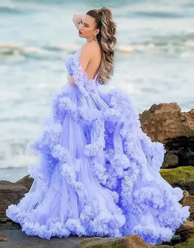 Miniatura 4 de Yexinbridal Batas de tul para mujer para sesión de fotos de maternidad, largo hinchado, ilusión, vestido de novia con volantes y abertura, bufanda
