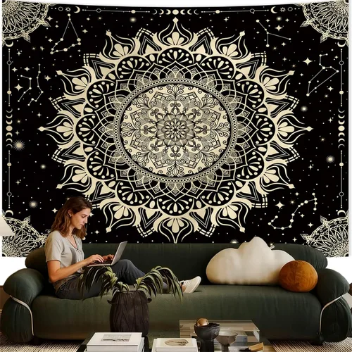 Miniatura 2 de Apdidl Tapiz bohemio de mandala negro para estética de dormitorio, decoración hippie, astrología espacial, arte de pared, tapices de techo, manta