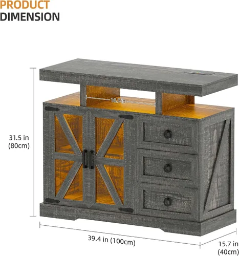 Miniatura 2 de Gurexl Buffet de granja con almacenamiento, aparador LED de 40 pulgadas de ancho con estación de carga inalámbrica, barra de café RGB con sensor