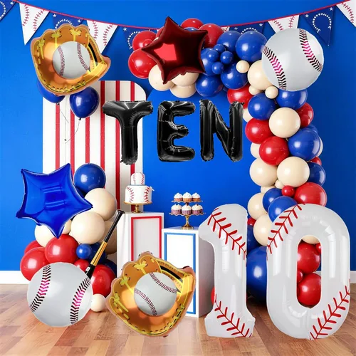Miniatura 4 de Juego de globos de béisbol de 40 pulgadas, decoraciones de fiesta de cumpleaños número 10 para niños, globo de béisbol número 10 para suministros