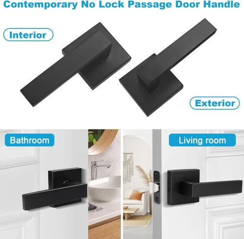 Miniatura 4 de Estmoon Paquete de 2 palancas de puerta de paso, pomos de puerta negros mate, manijas de puerta cuadradas para interiores, palancas resistentes sin