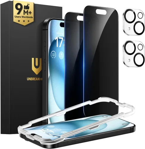 UNBREAKcable Protector de pantalla de privacidad para iPhone 15 (6.1 pulgadas), paquete de 2 + 2 protectores de lente, antiespía de 25°, dureza 9H,