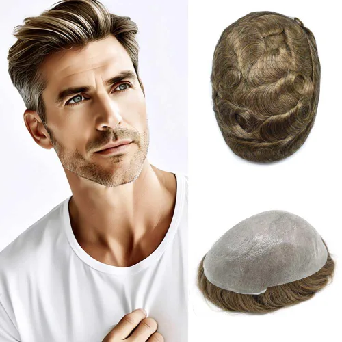 Miniatura 58 de Tupé para hombre, extensiones de cabello humano Remy para hombre, piel fina, 0.002 in, sistema de reemplazo de cabello con bucle en V para hombres