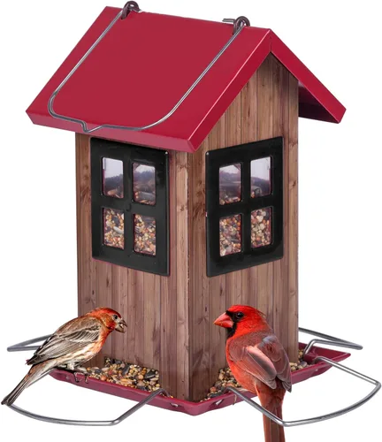 Kingsyard Lindas casas comedero para pájaros para exteriores, comedero colgante de metal para pájaros con 4 puertos, decoraciones de jardín al aire