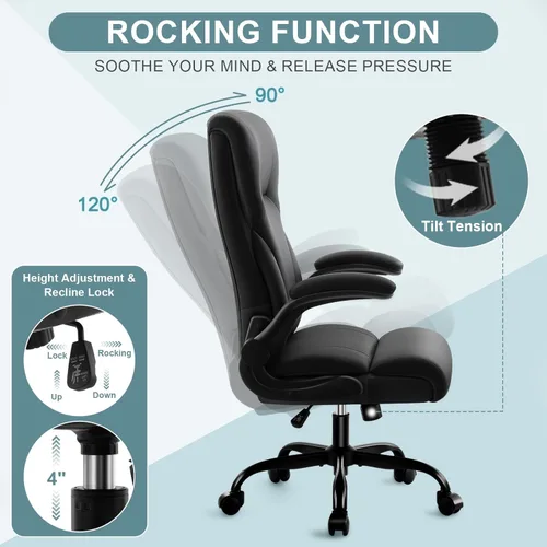 Miniatura 4 de Silla de oficina ejecutiva, silla de escritorio ergonómica y cómoda con reposabrazos y ruedas abatibles acolchados, de piel sintética, resistente