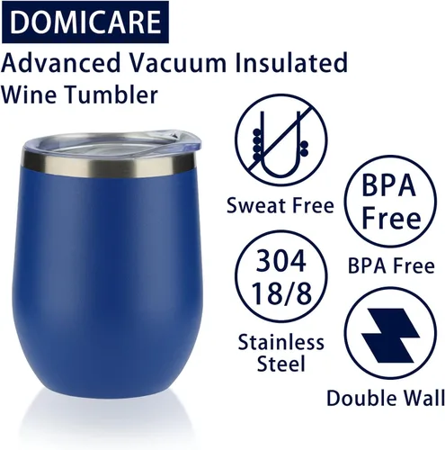 Miniatura 7 de DOMICARE - Juego de 4 vasos de vino de 12 onzas con tapa, hechos de acero inoxidable con aislamiento al vacío de doble pared, color azul oscuro
