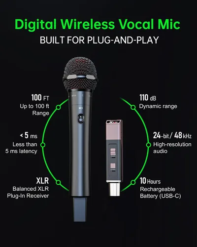 Miniatura 2 de Xvive Sistema de micrófono inalámbrico de mano M5, micrófono XLR inalámbrico Plug and Play de 5.8 GHz con receptor compacto, escaneo automático