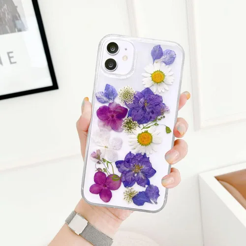 Miniatura 5 de Abbery Funda transparente para iPhone 11 con diseño de flores moradas, bonita funda protectora de silicona suave TPU real seca prensada floral