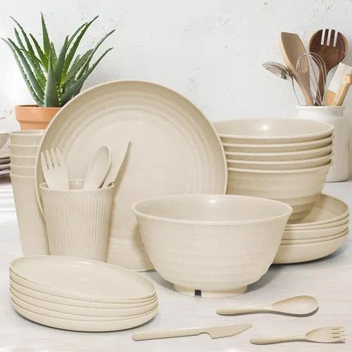 Miniatura 6 de 42 piezas Juego de vajilla de paja de trigo - SHECIPIN Juego de vajilla irrompible reutilizable para cocina, tazas, platos y cuencos, apto para Beige