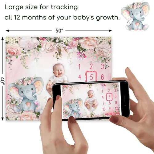 Miniatura 3 de Yuzioey - Manta mensual de hitos para bebé, manta de mes de elefante floral para baby shower, manta de flores de elefante rosa, manta mensual