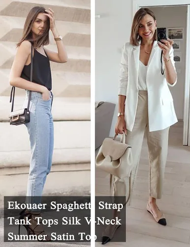 Miniatura 4 de Ekouaer Camiseta sin mangas de satén de seda para mujer, paquete de 2 camisolas básicas con cuello en V